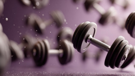 Workout equipment is disbursed on a gym floor enhancing the motivation and energy of a fitness environment.の素材