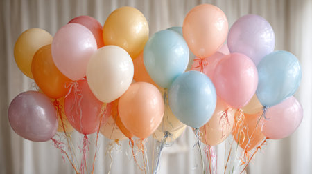 Brightly colored balloons in various pastel shades fill the room adding cheer for a special event or party.の素材