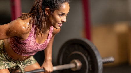 Athlete focuses intently while performing a weightlifting exercise in a gym setting during a workout.の素材