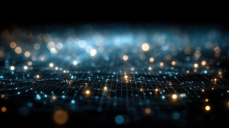 Colorful particles of blue and gold float across a dark background creating a captivating digital effect.の素材
