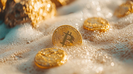 Bitcoin coins lie submerged in foamy water next to shimmering rocks under bright lighting.の素材