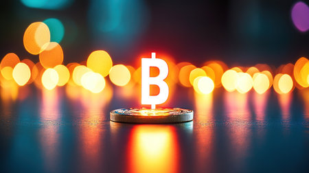 A bitcoin symbol stands out against a shiny coin with vibrant bokeh lights creating a mesmerizing atmosphere.の素材