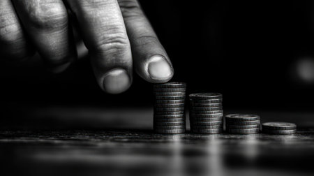 A hand carefully stacks coins into ascending piles on a dark surface showcasing a methodical approach to counting.の素材
