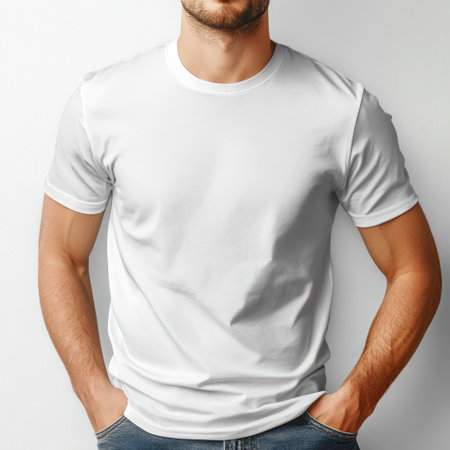 A young man showcases a simple white t shirt while standing casually with hands in his pockets.の素材