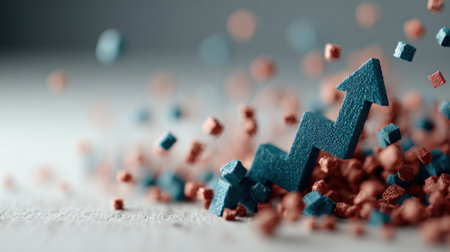 Colorful blue and red blocks represent data and analytics with an upward arrow suggesting growth and progress.の素材