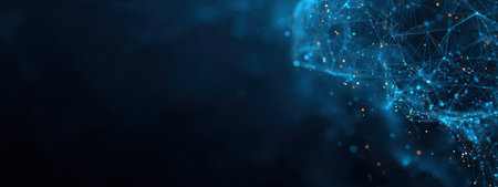 A vibrant display of glowing blue lines and nodes illustrating a digital network structure against a dark background.の素材
