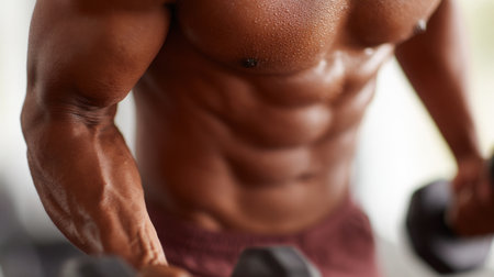 A dedicated individual performs strength training with dumbbells in a well equipped gym focusing on muscle development.の素材