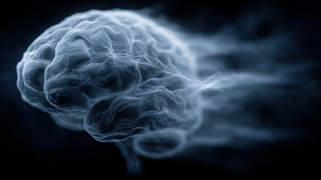 A visualization of a brain emitting ethereal wisps symbolizing the abstract nature of thoughts and creativity.の素材