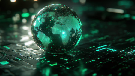 A glowing globe showcases Earth with a digital effect surrounded by technology themed elements and green hues.の素材