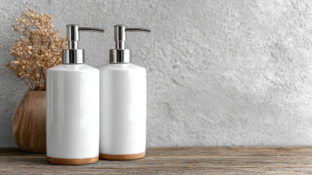 Two stylish white soap dispensers with wooden accents sit on a rustic wooden table next to dried flowers.の素材