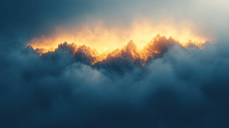 Golden light breaks through clouds illuminating rugged mountain peaks at dawn creating a breathtaking view.の素材