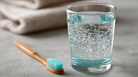 Bubbles float in a glass filled with sparkling water next to a bamboo toothbrush creating a refreshing atmosphere.の素材