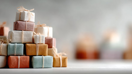 Small wrapped gifts in various colors and textures are stacked neatly creating a joyful atmosphere for celebration.の素材