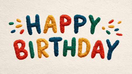 Bright and cheerful birthday message crafted with colorful letters and festive accents for joyful occasionsの素材