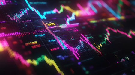 Colorful stock market data shows price fluctuations with bright lines and patterns on a dark backgroundの素材