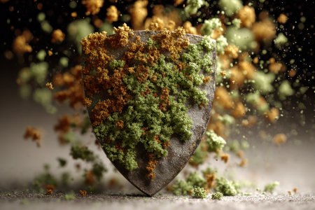 A shield is surrounded by colorful dust particles creating an explosion of color in a dynamic display.の素材