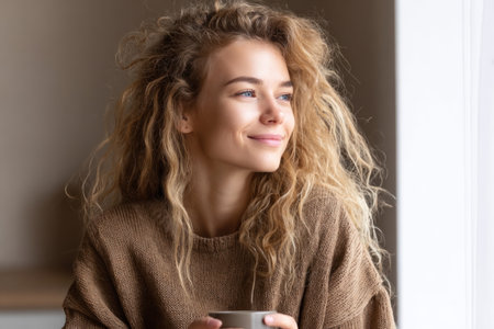 A woman with curly hair smiles while holding a cup near a window basking in the gentle light of the afternoon.の素材