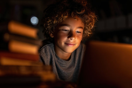 A boy with curly hair engages with a laptop amidst stacks of books in a warm and inviting library at night.の素材
