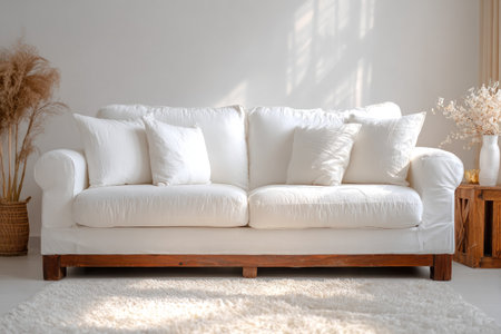 A modern white sofa adorned with plush cushions is showcased in a bright living room filled with sunlight.の素材