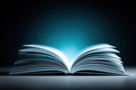 An open book with glowing pages is resting on a surface creating an enchanting contrast with the dark background.の素材