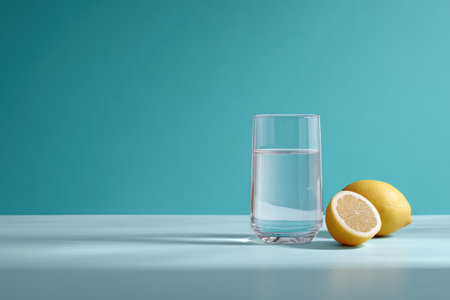 A clear glass filled with water sits next to cut fresh lemon on a clean surface creating a vibrant look.の素材