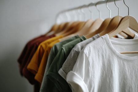 A variety of t shirts in different colors are neatly displayed on wooden hangers against a light background.の素材