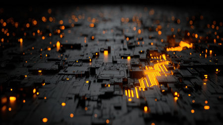 A detailed view of a circuit board featuring glowing orange lines and patterns against a dark background at night.の素材