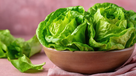 Vibrant green lettuce sits in a rustic bowl showcasing fresh produce against a soft pink backdrop in a kitchen.の素材