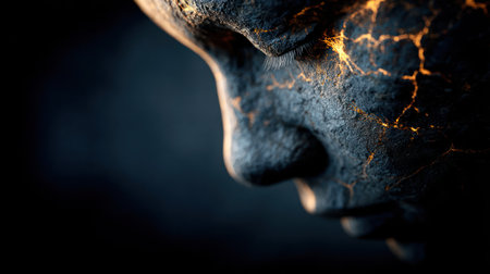 A close up view of a dark sculpture depicting a human face with glowing cracks revealing intricate textures.の素材