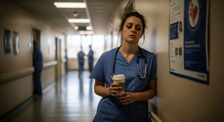 A nurse leans against the wall in a hospital hall. She has a coffee cup and appears tired in a busy setting.の素材
