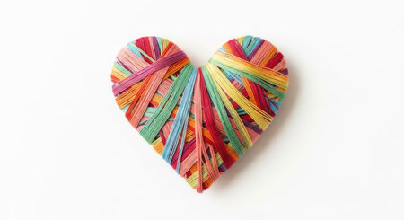 Colorful threads are arranged in the shape of a heart on a white surface. This craft shows creativity and skill.の素材