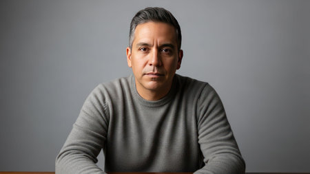 A man with short hair is sitting at a table in a studio. He looks directly at the camera with a focused expression.の素材