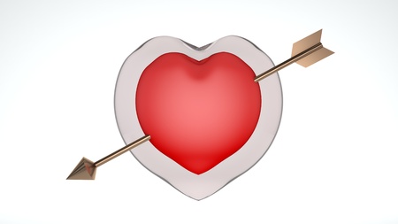 Pretty Red Heart With Gold Cupids Arrow Isolated On White Background. 3d rendering.の写真素材