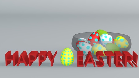 Glass cup with colored Easter eggs. The inscription in red letters. 3D rendering.の写真素材
