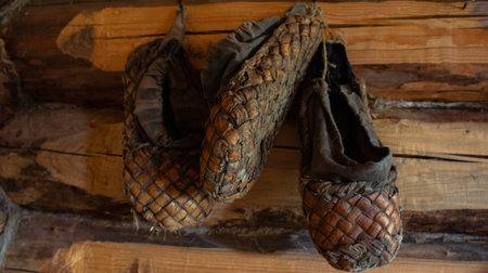 Old bast shoes. Traditional russian footwear. Shoes from the bark of the tree.