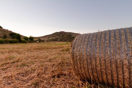 Bale of hay close-up on a field, during Golden hour, with hills in the backgroundの写真素材
