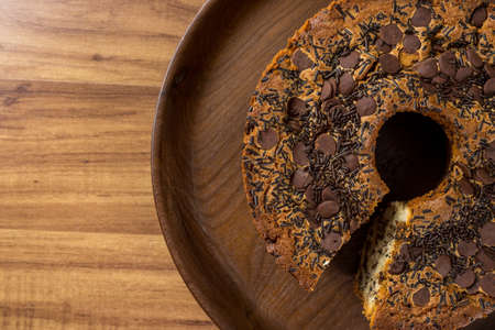 Traditional Brazilian cake called Bolo Formigueiro. Brazilian chocolate cake. Homemade cake. Copy space.の写真素材