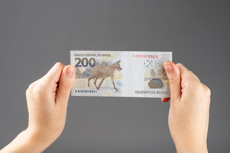woman hand holding Brazilian money notes. Reaisの写真素材