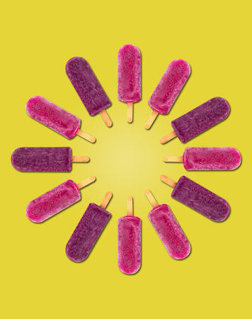 a sun made of purple and pink  on yellow background. summer.