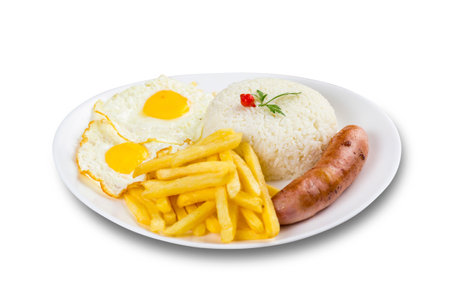 Typical Brazilian food, executive dish, food menu. Sausage, rice, beans, potato and crumbs. White background.の写真素材