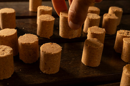 A hand taking one Sweet Brazilian Peanut Called PaÃ§oca.