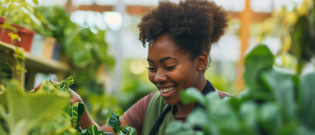 Young african american woman working in greenhouse. Female florist working in greenhouse.の素材