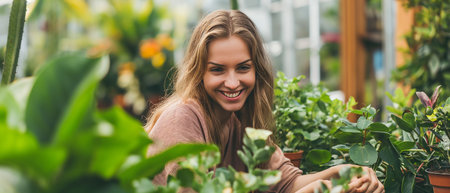 panoramic shot of smiling woman holding potted plants in greenhouseの素材