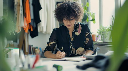 Fashion designer working on her designs in the studio. Stylish female fashion designer working on her designs in the studio.の素材
