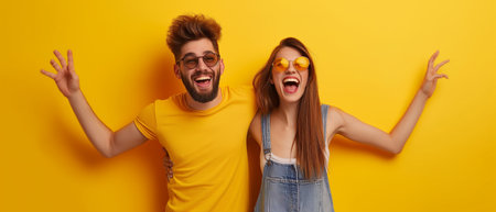 Cheerful young couple in yellow t-shirts and sunglasses having fun on yellow backgroundの素材