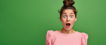 Shocked young woman with open mouth looking at camera on green backgroundの素材