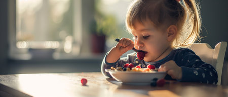 Cute baby eating breakfast in the kitchen at home. Healthy food concept.の素材