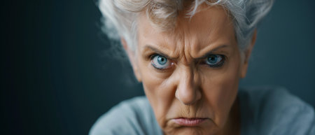 sad senior woman with gray hair looking at camera isolated on grayの素材