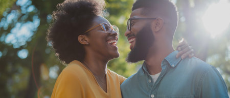 Happy african american man and woman smiling at each other in parkの素材