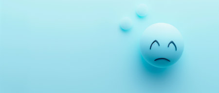 Sad emoji face on a blue background. 3d rendering, 3d illustration.の素材